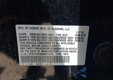 2019 Honda Pilot Touring из США, поврежденный, VIN 5FNYF6H98KB041472